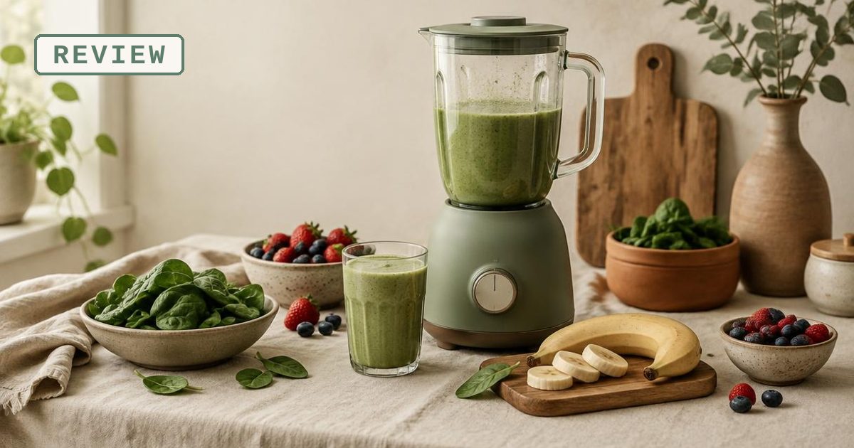 Blender with a green smoothie, spinach, banana and berries on a linen counter, with a REVIEW tag